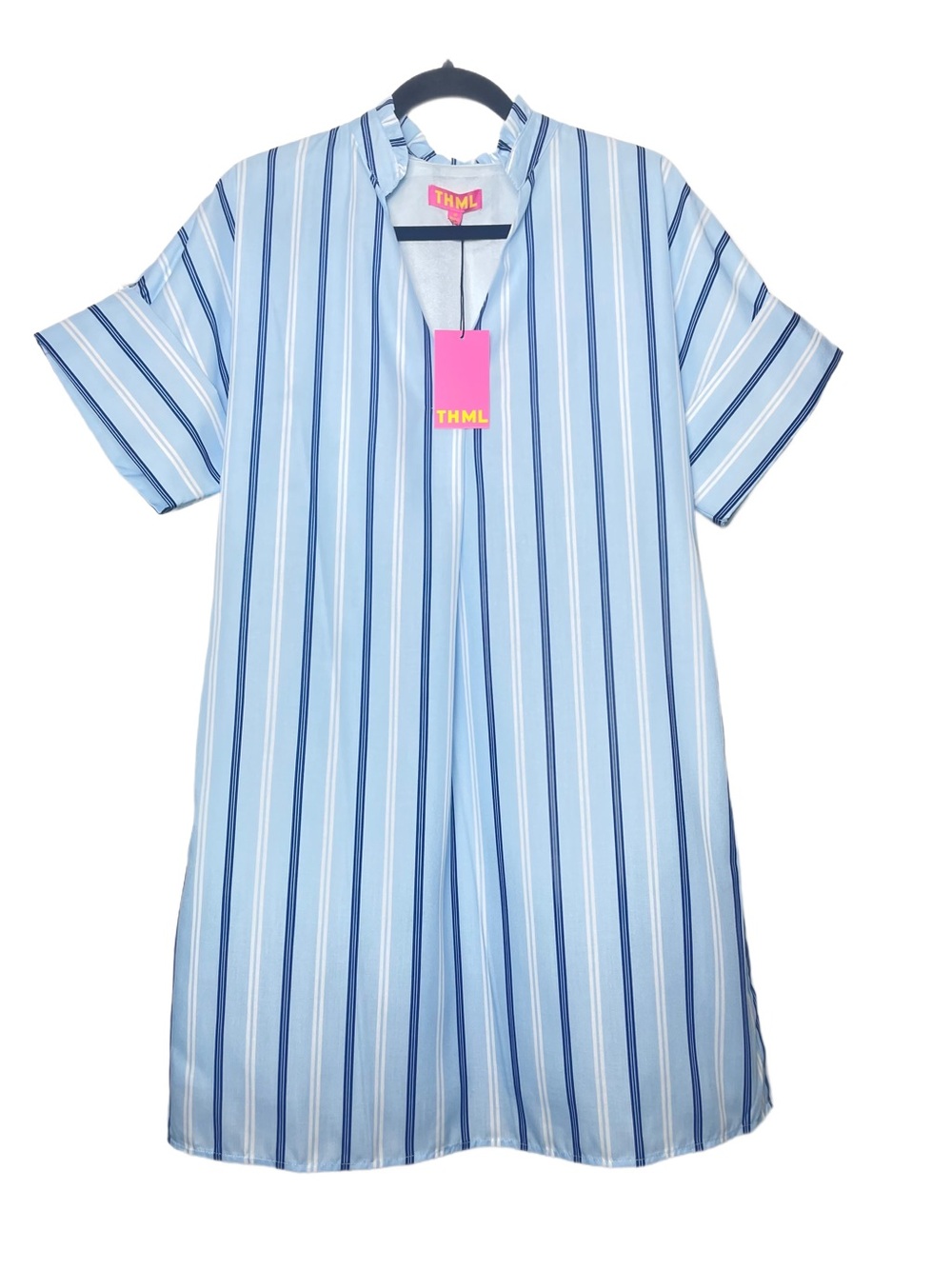 NWT THML Light Blue White Striped V-Neck  Dress Size M - Picture 2 of 7